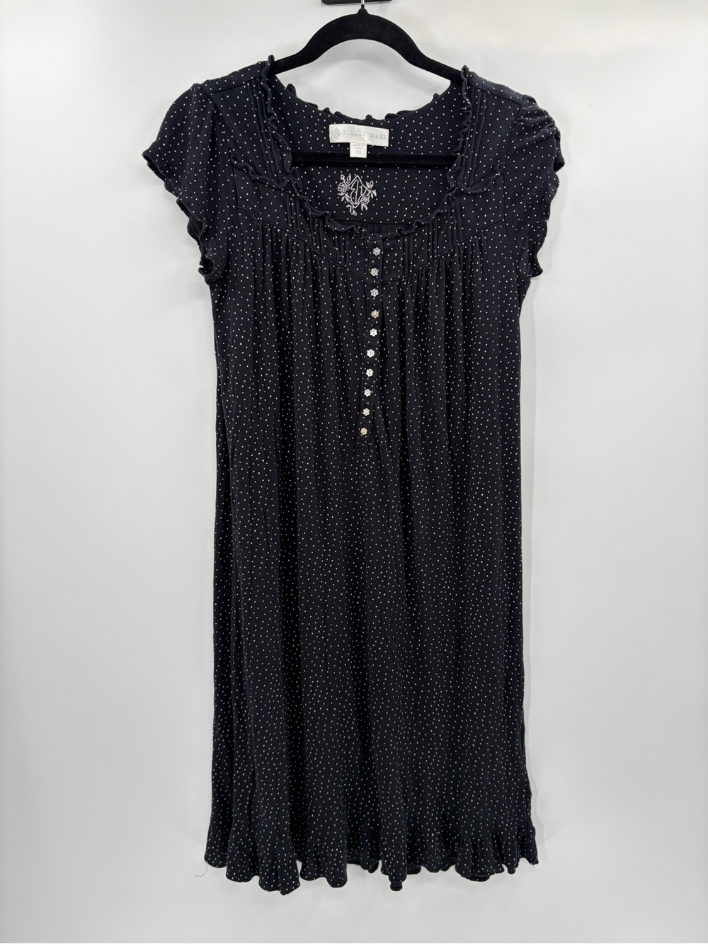 Eileen West Black White Polka Dot Ruffle Trim Henley Knit Nightgown Women’s XS